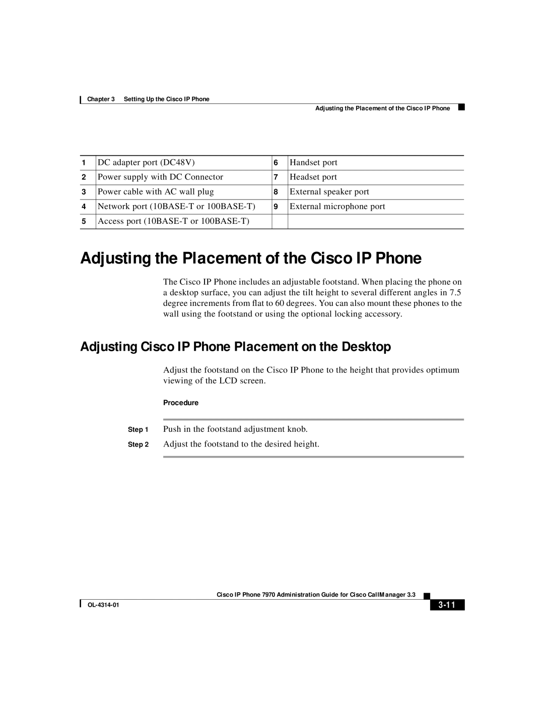 Cisco Systems OL-4314-01 manual Adjusting Cisco IP Phone Placement on the Desktop, Procedure 