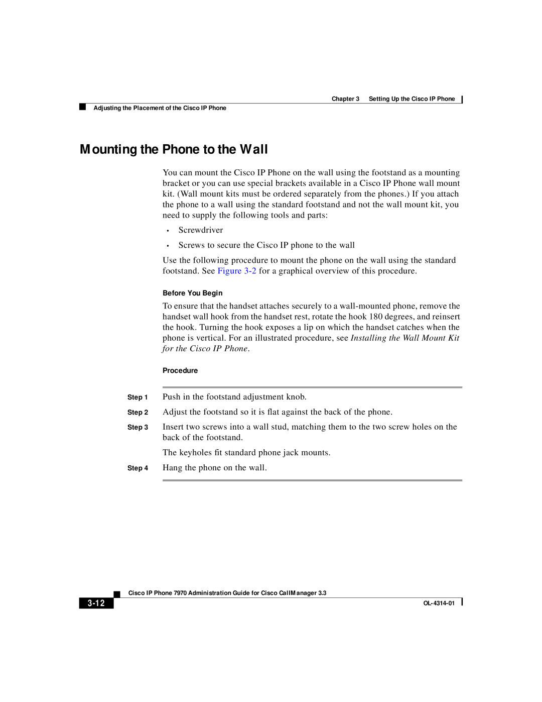 Cisco Systems OL-4314-01 manual Mounting the Phone to the Wall, Before You Begin 