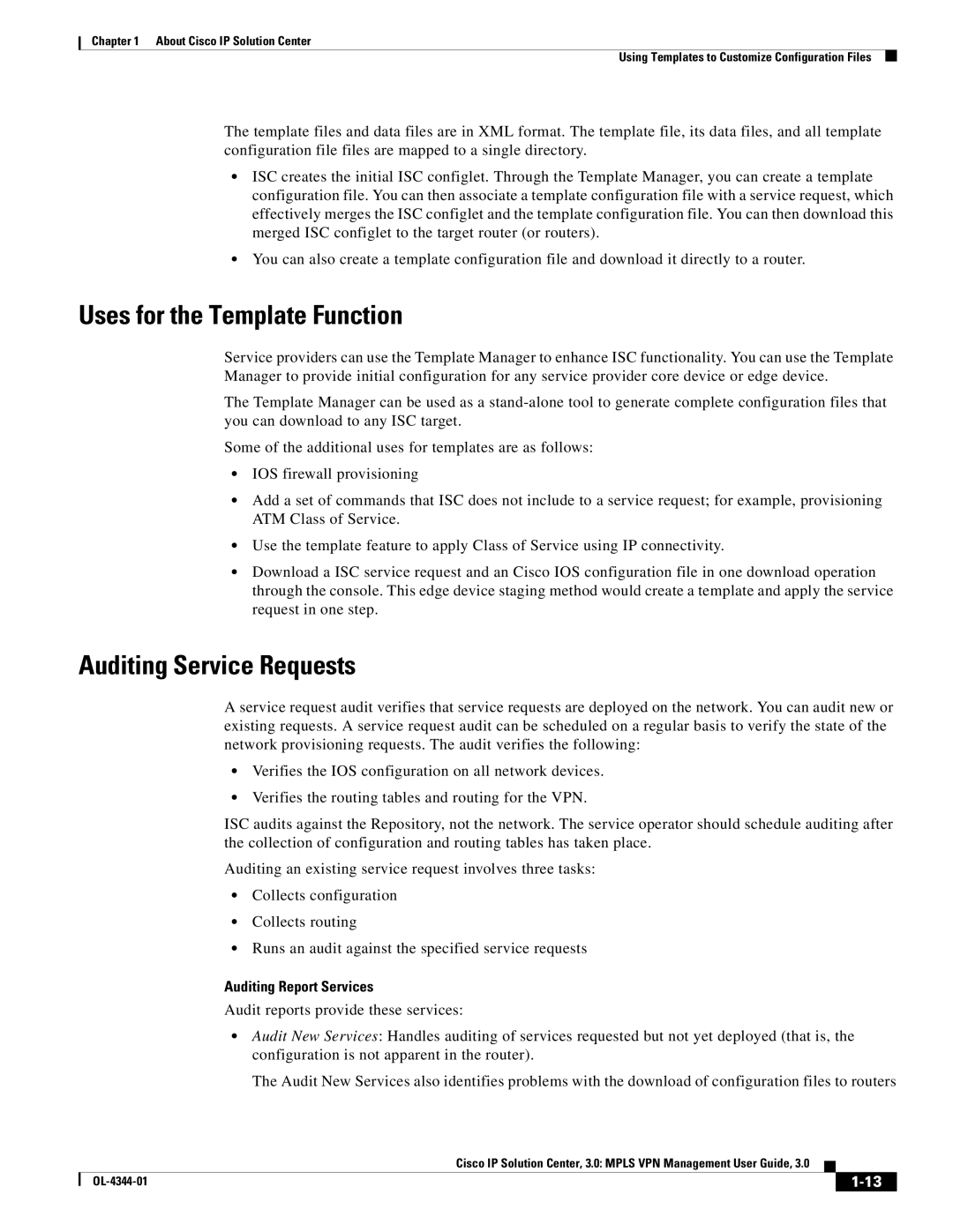 Cisco Systems OL-4344-01 manual Uses for the Template Function, Auditing Service Requests 