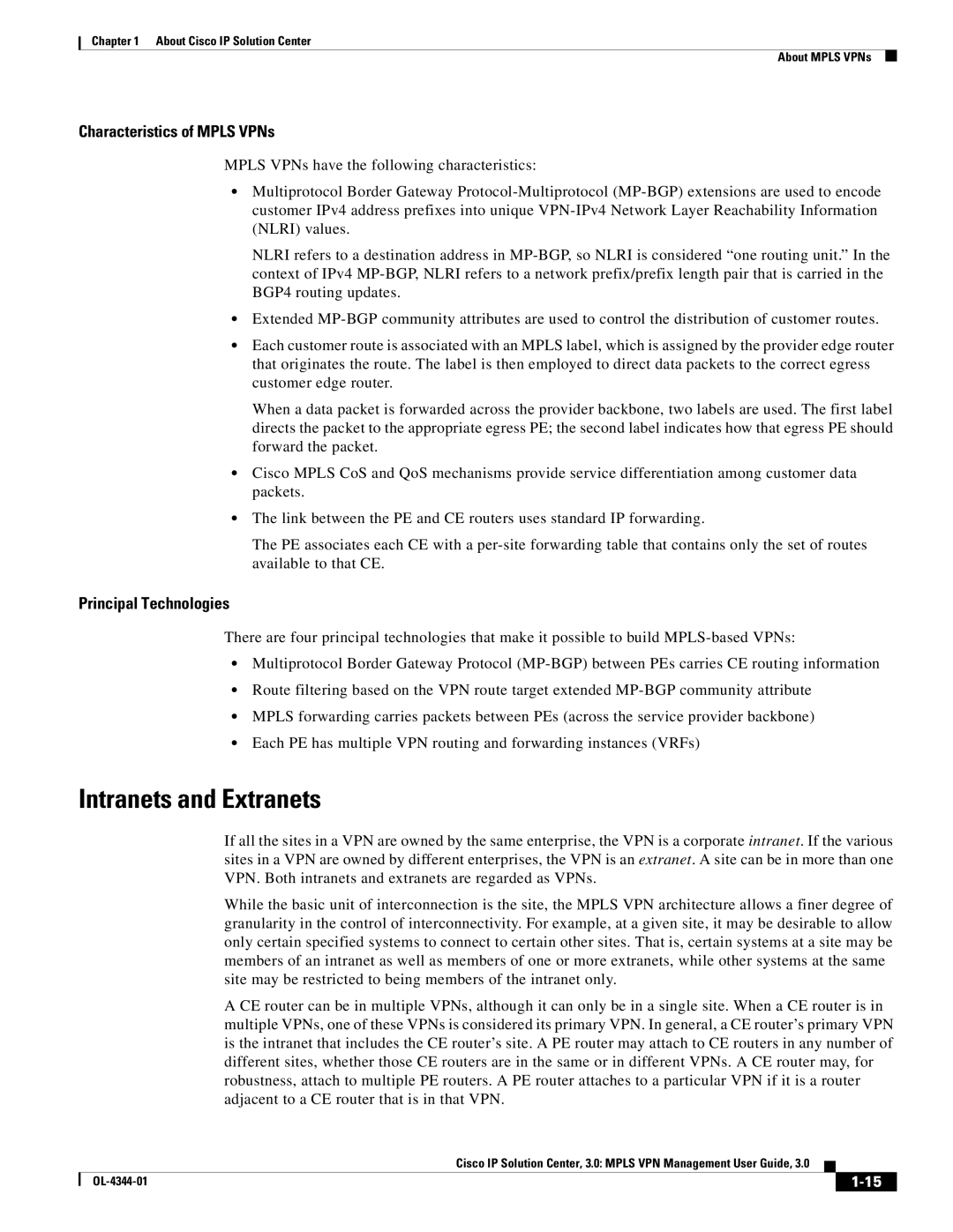 Cisco Systems OL-4344-01 manual Intranets and Extranets, Characteristics of Mpls VPNs 