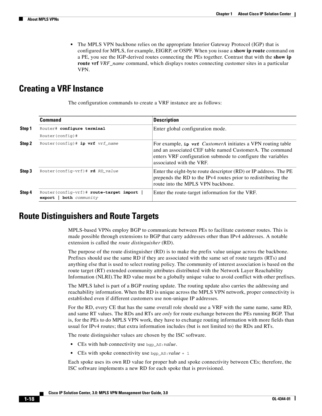 Cisco Systems OL-4344-01 manual Creating a VRF Instance, Route Distinguishers and Route Targets 