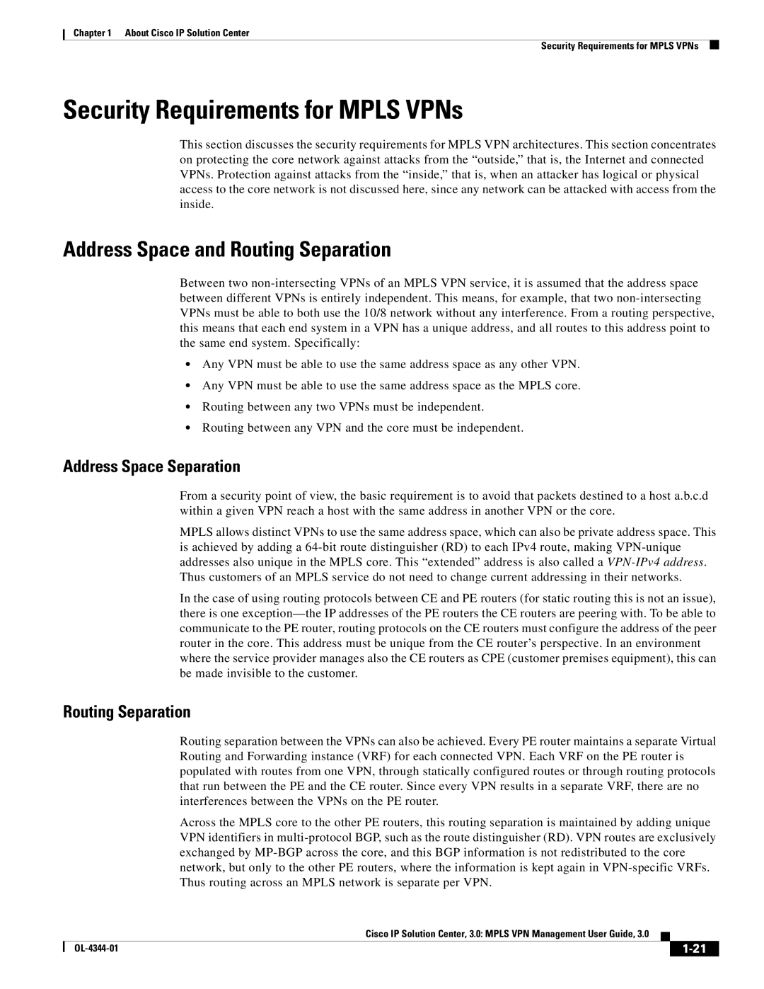 Cisco Systems OL-4344-01 manual Security Requirements for Mpls VPNs, Address Space and Routing Separation 