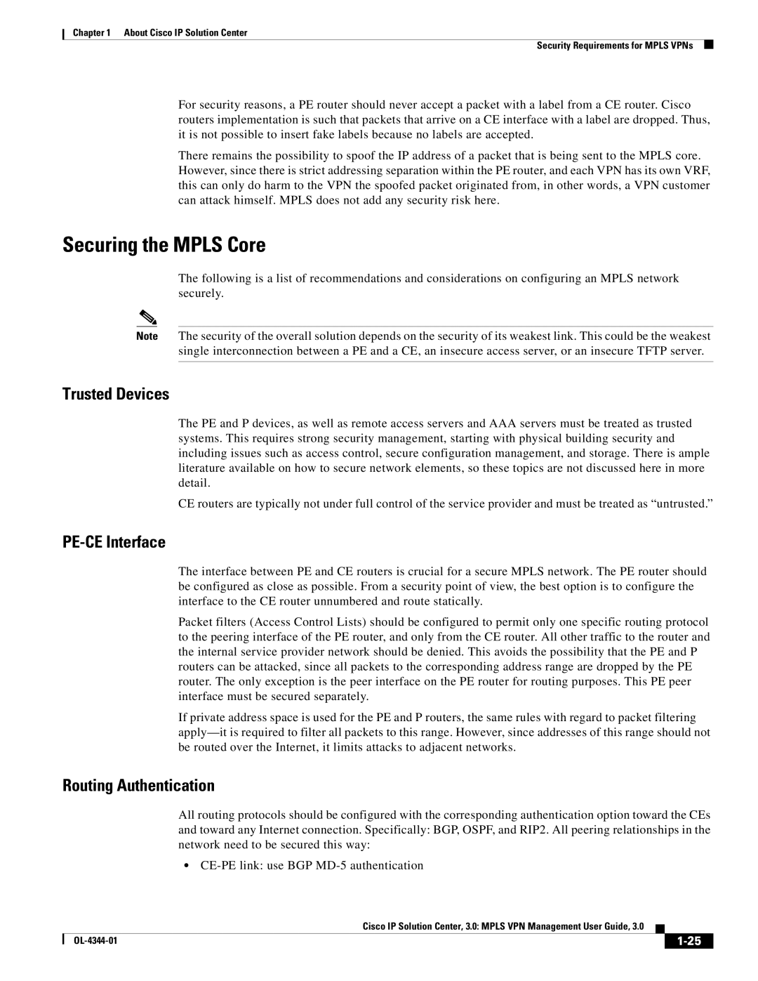 Cisco Systems OL-4344-01 manual Securing the Mpls Core, Trusted Devices, PE-CE Interface, Routing Authentication 