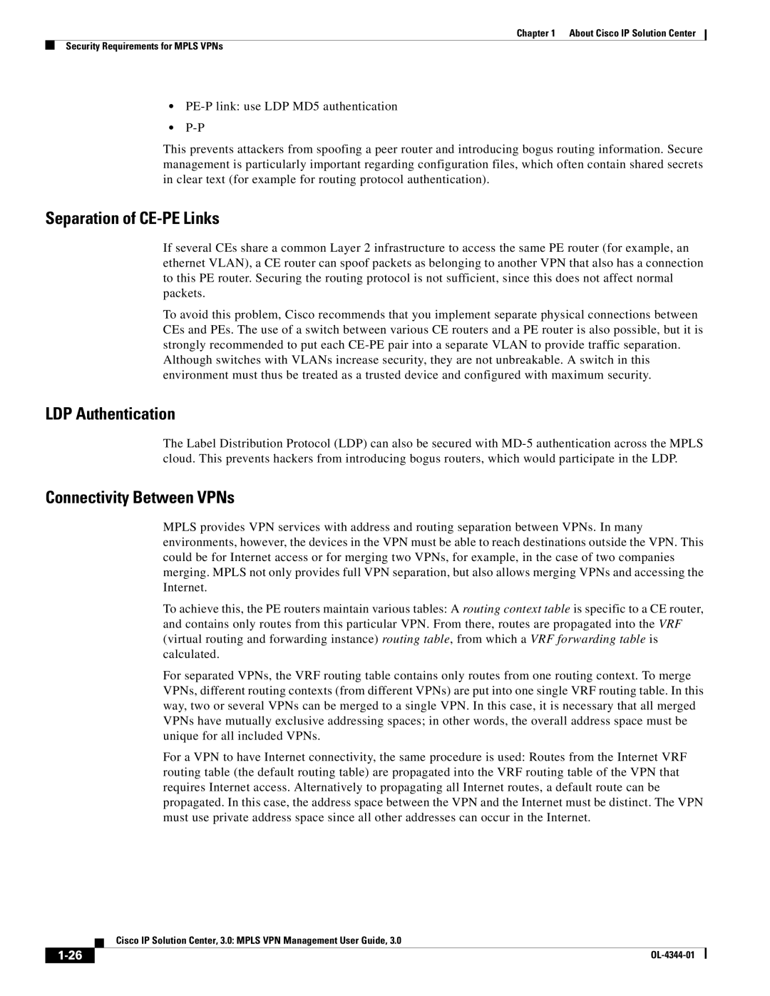 Cisco Systems OL-4344-01 manual Separation of CE-PE Links, LDP Authentication, Connectivity Between VPNs 