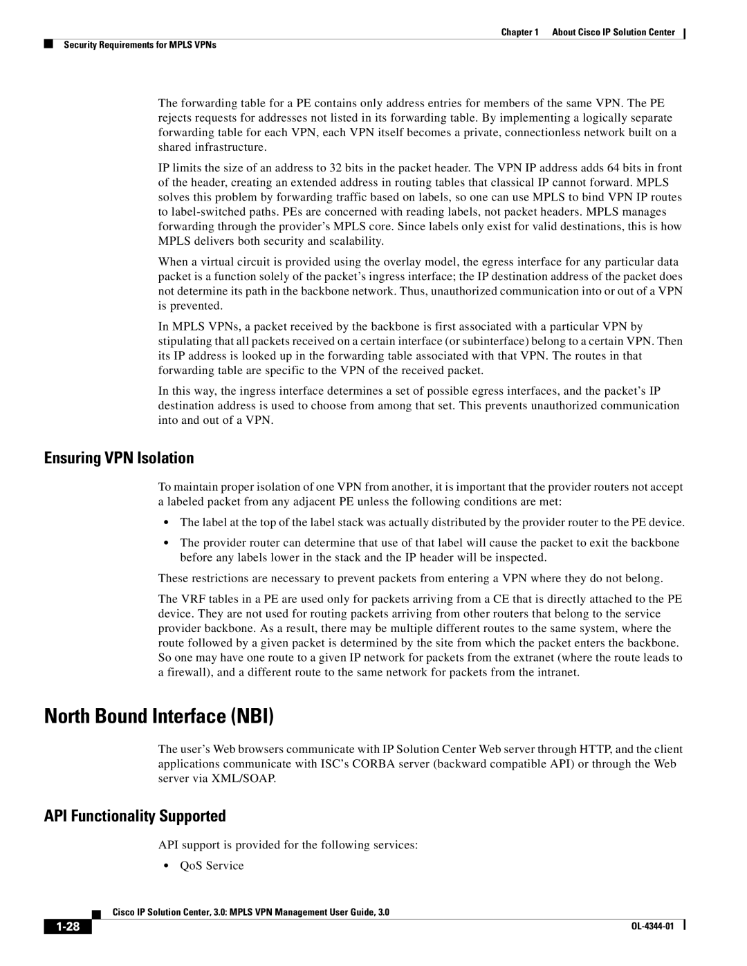 Cisco Systems OL-4344-01 manual North Bound Interface NBI, Ensuring VPN Isolation, API Functionality Supported 