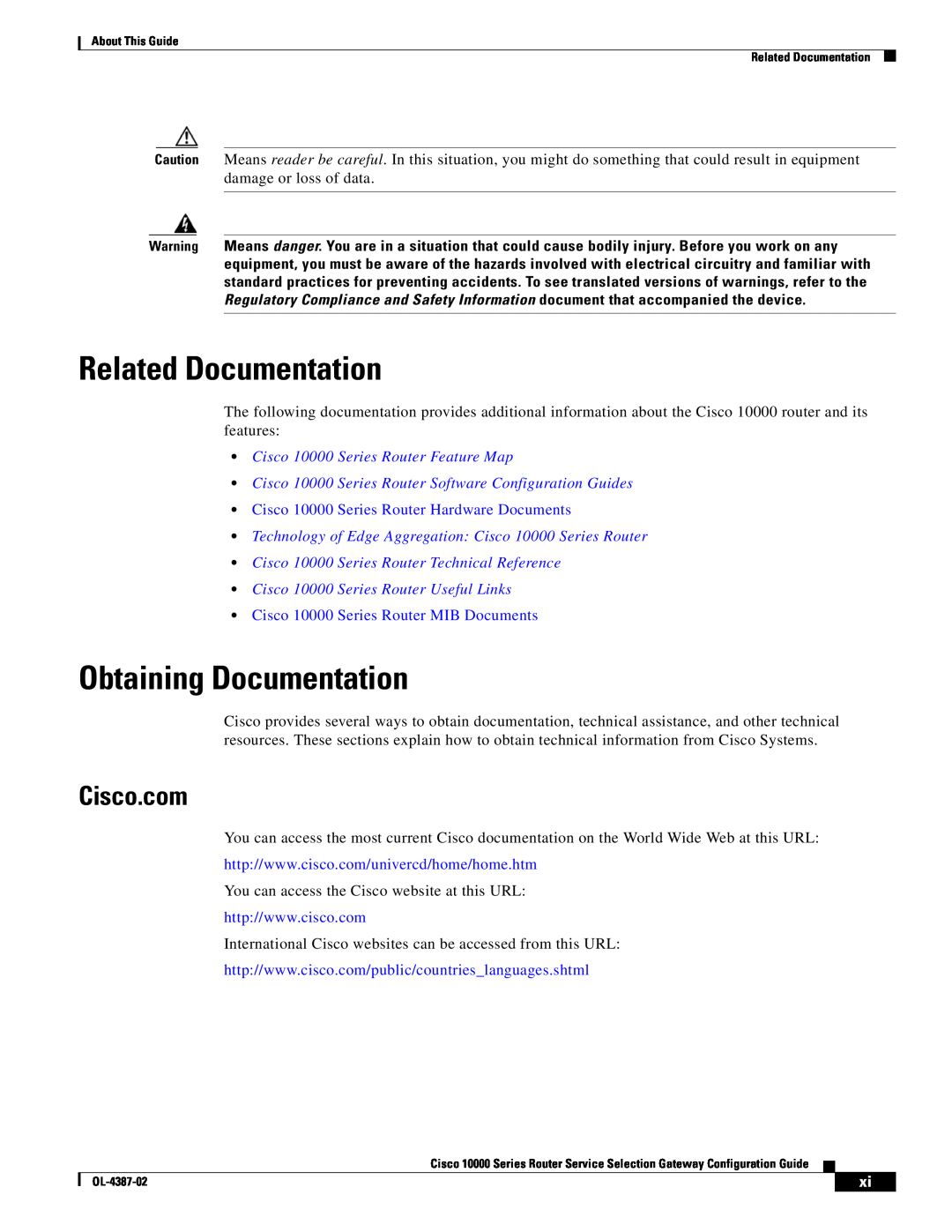 Cisco Systems OL-4387-02 Related Documentation, Obtaining Documentation, Cisco.com, Cisco 10000 Series Router Feature Map 