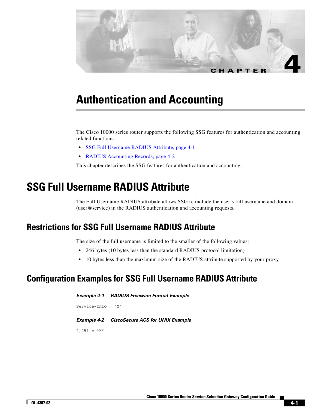 Cisco Systems OL-4387-02 manual Authentication and Accounting, SSG Full Username RADIUS Attribute, C H A P T E R 