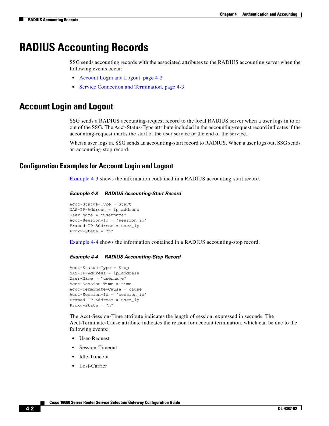 Cisco Systems OL-4387-02 manual RADIUS Accounting Records, Account Login and Logout, page 