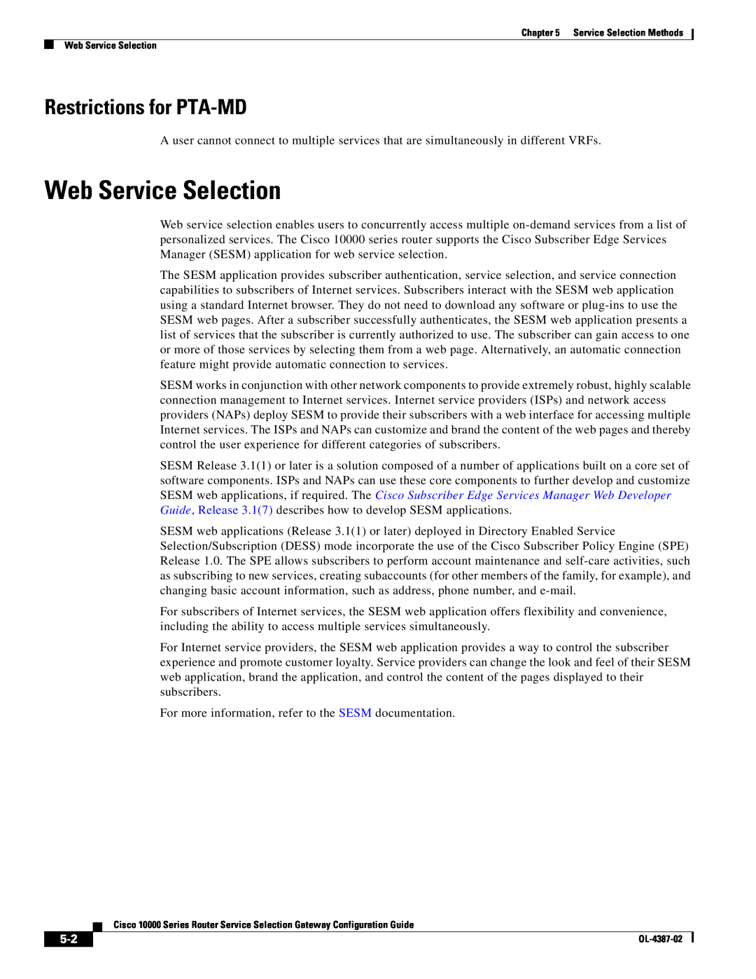 Cisco Systems OL-4387-02 manual Web Service Selection, Restrictions for PTA-MD 