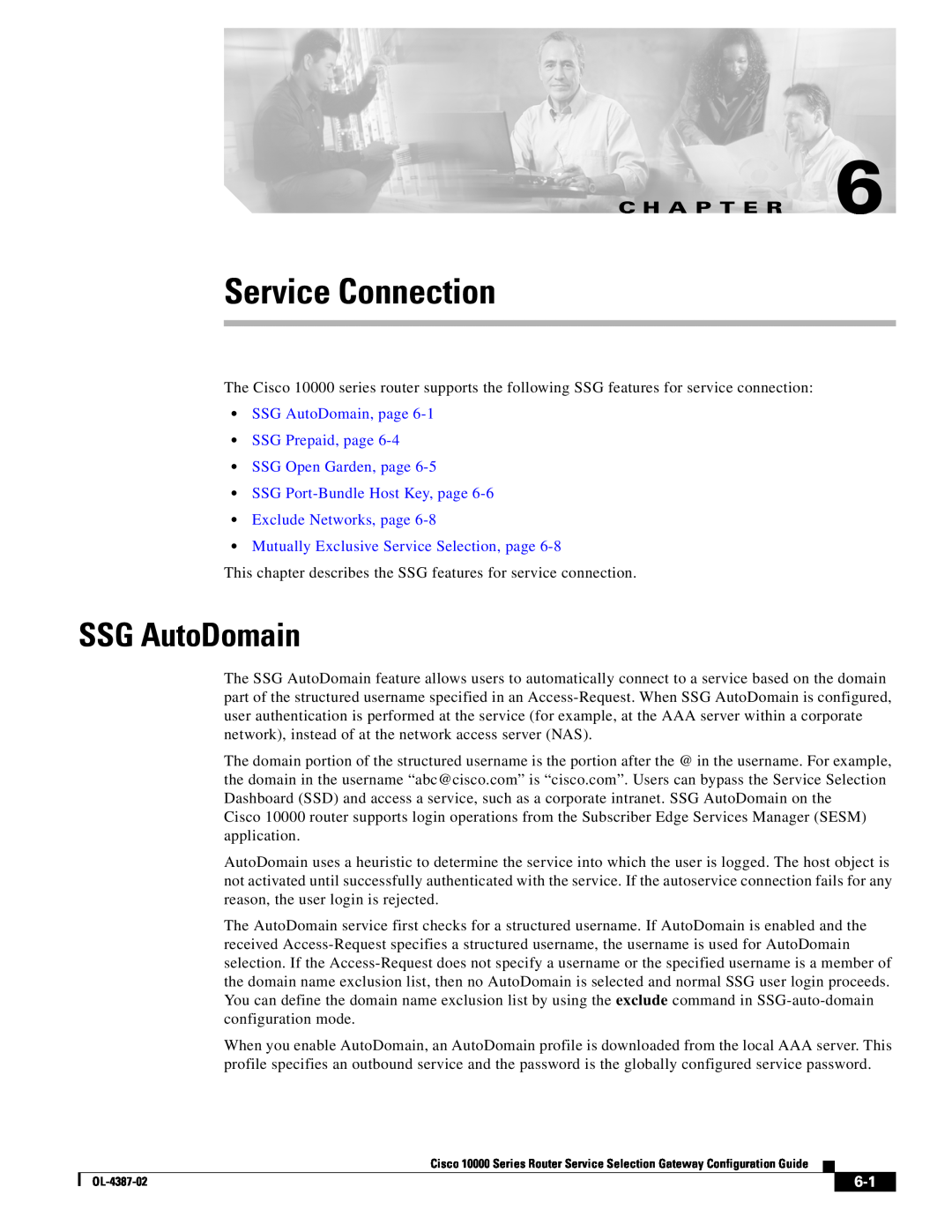Cisco Systems OL-4387-02 manual Service Connection, SSG AutoDomain, page SSG Prepaid, page SSG Open Garden, page 