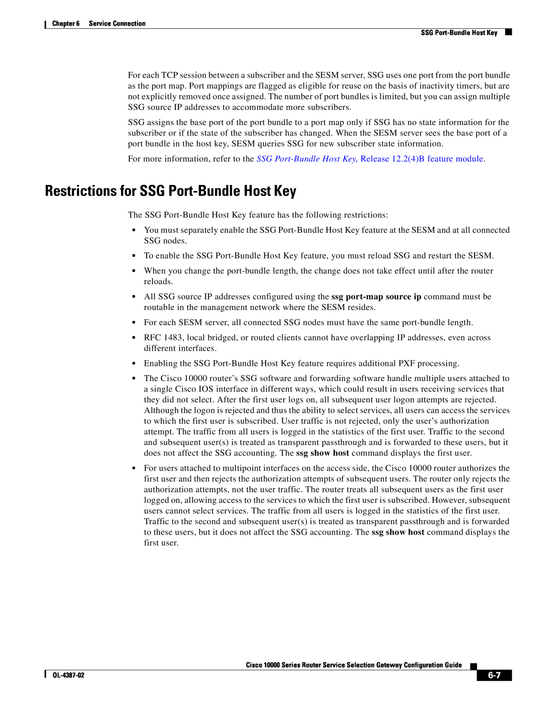 Cisco Systems OL-4387-02 manual Restrictions for SSG Port-Bundle Host Key 