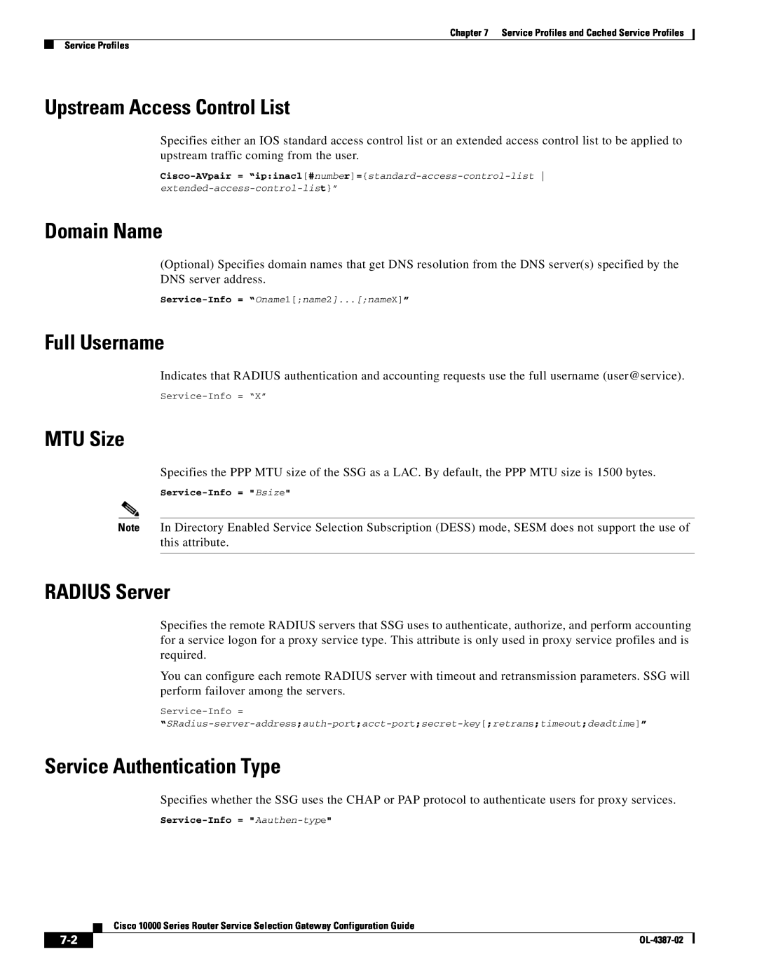 Cisco Systems OL-4387-02 manual Upstream Access Control List, Domain Name, Full Username, MTU Size, RADIUS Server 