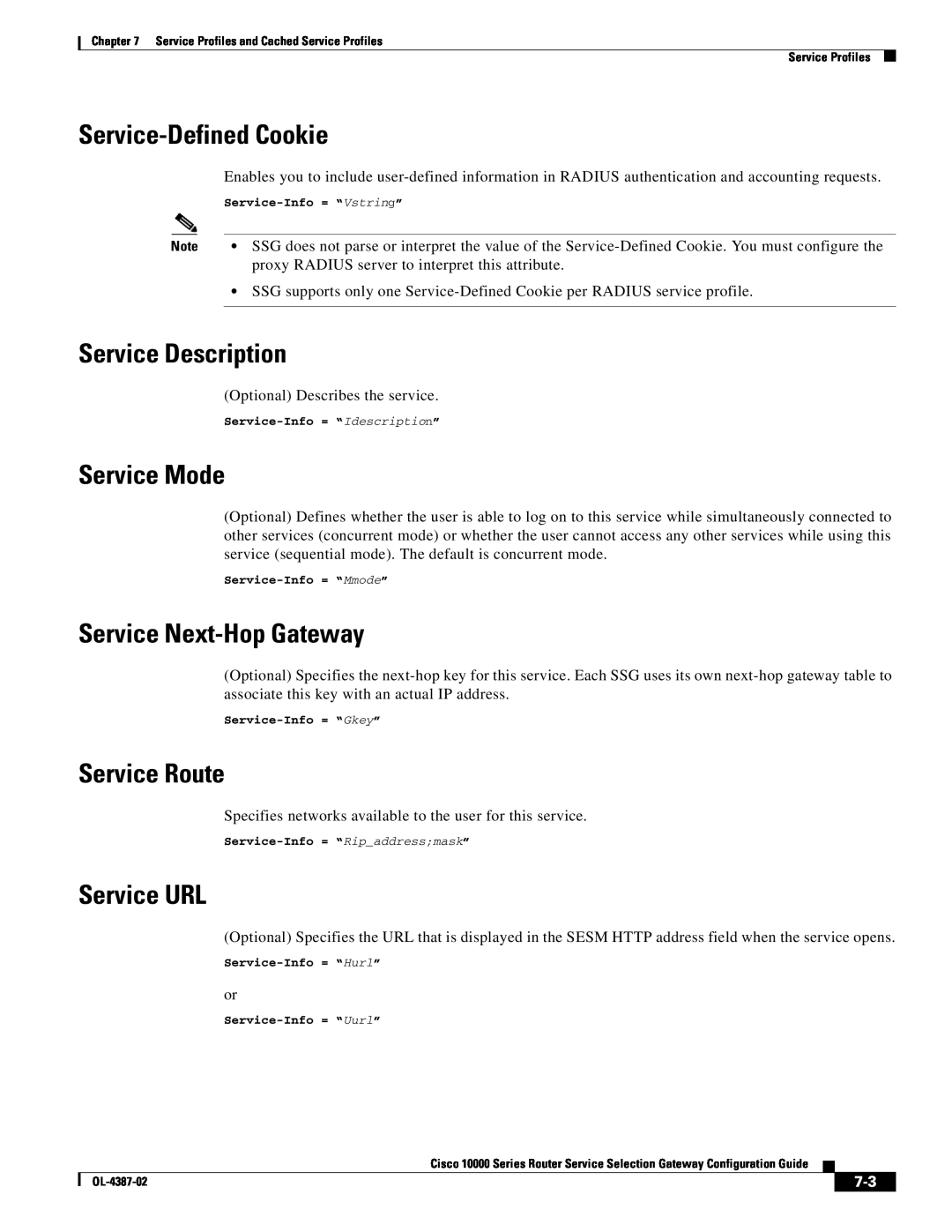 Cisco Systems OL-4387-02 Service-Defined Cookie, Service Description, Service Mode, Service Next-Hop Gateway, Service URL 