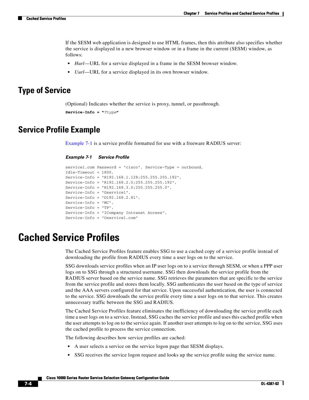 Cisco Systems OL-4387-02 manual Cached Service Profiles, Type of Service, Service Profile Example 