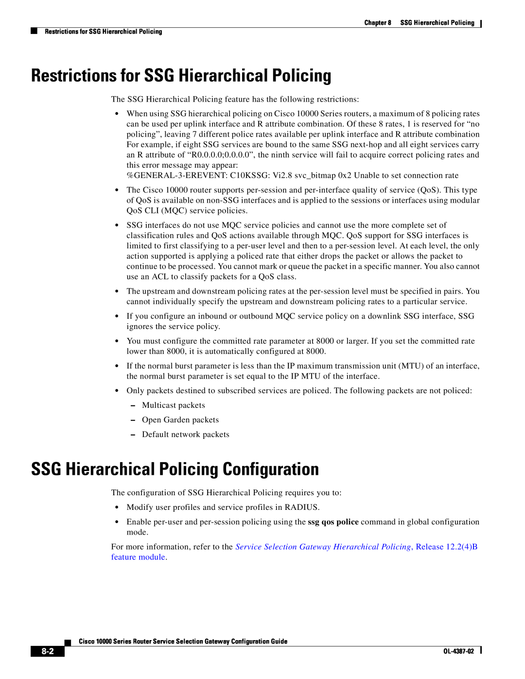 Cisco Systems OL-4387-02 manual Restrictions for SSG Hierarchical Policing, SSG Hierarchical Policing Configuration 