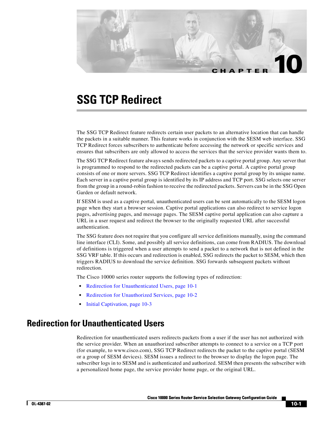 Cisco Systems OL-4387-02 manual SSG TCP Redirect, Redirection for Unauthenticated Users, 10-1, C H A P T E R 