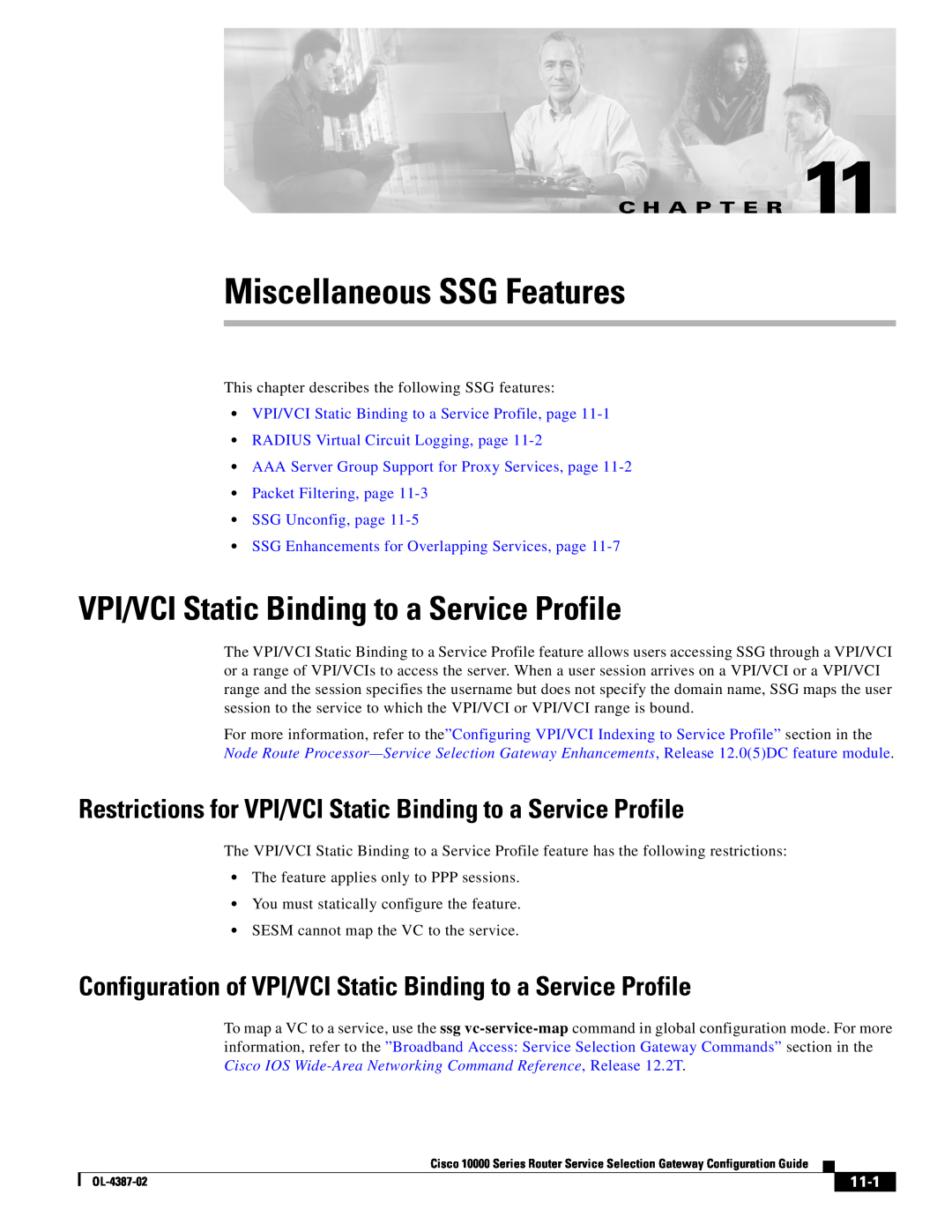Cisco Systems OL-4387-02 Miscellaneous SSG Features, VPI/VCI Static Binding to a Service Profile, 11-1, C H A P T E R 