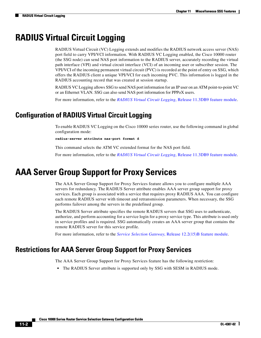 Cisco Systems OL-4387-02 manual RADIUS Virtual Circuit Logging, AAA Server Group Support for Proxy Services, 11-2 