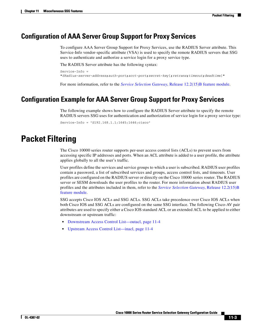 Cisco Systems OL-4387-02 manual Packet Filtering, Configuration of AAA Server Group Support for Proxy Services, 11-3 