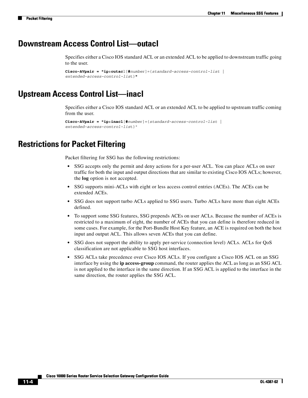 Cisco Systems OL-4387-02 manual Downstream Access Control List-outacl, Upstream Access Control List-inacl, 11-4 