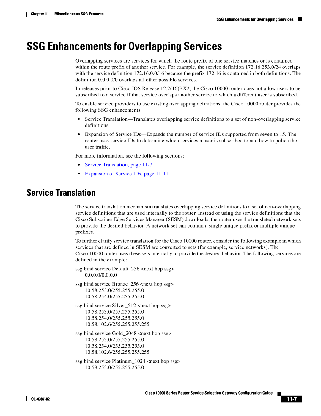 Cisco Systems OL-4387-02 manual SSG Enhancements for Overlapping Services, Service Translation, 11-7 