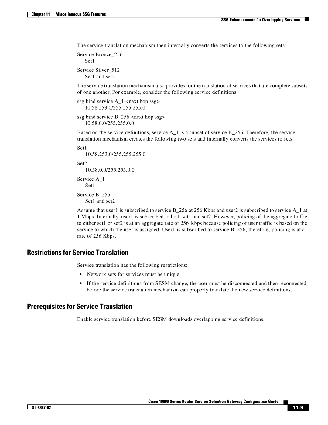 Cisco Systems OL-4387-02 manual Restrictions for Service Translation, Prerequisites for Service Translation, 11-9 