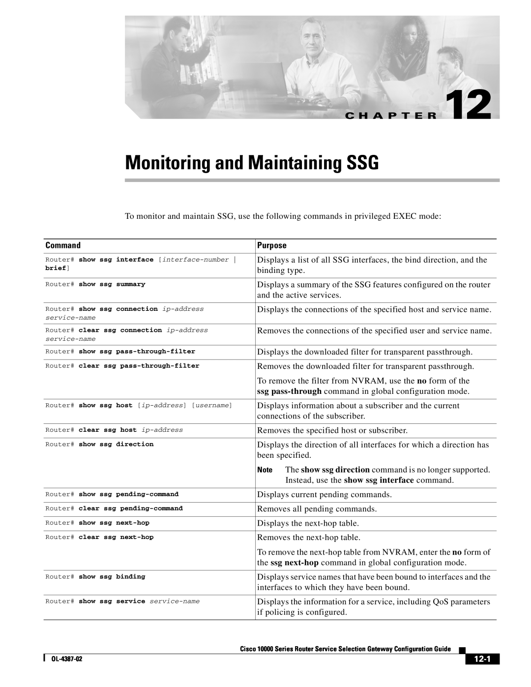 Cisco Systems OL-4387-02 manual Monitoring and Maintaining SSG, 12-1, C H A P T E R, Command, Purpose 