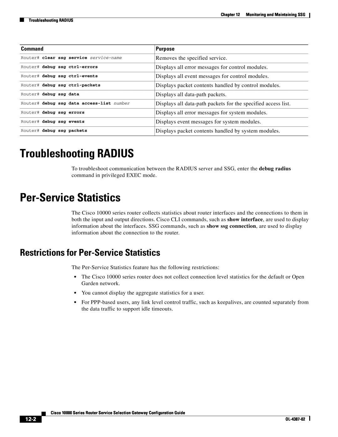 Cisco Systems OL-4387-02 manual Troubleshooting RADIUS, Restrictions for Per-Service Statistics, 12-2, Command, Purpose 