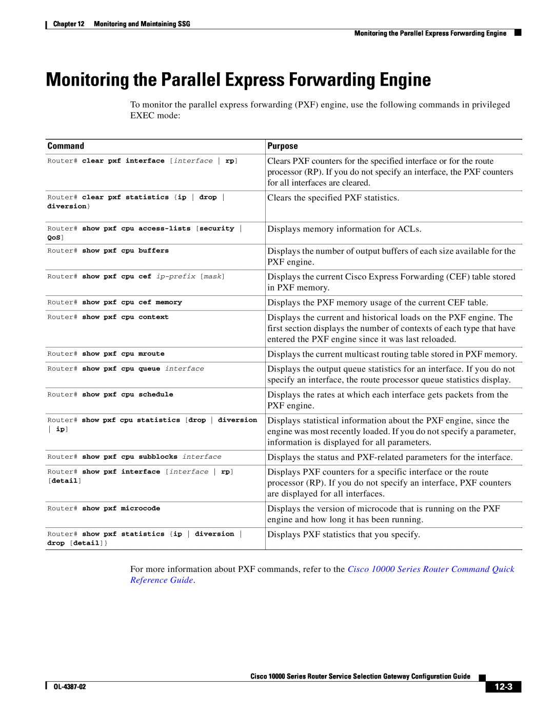 Cisco Systems OL-4387-02 manual Monitoring the Parallel Express Forwarding Engine, Reference Guide, 12-3, Command, Purpose 