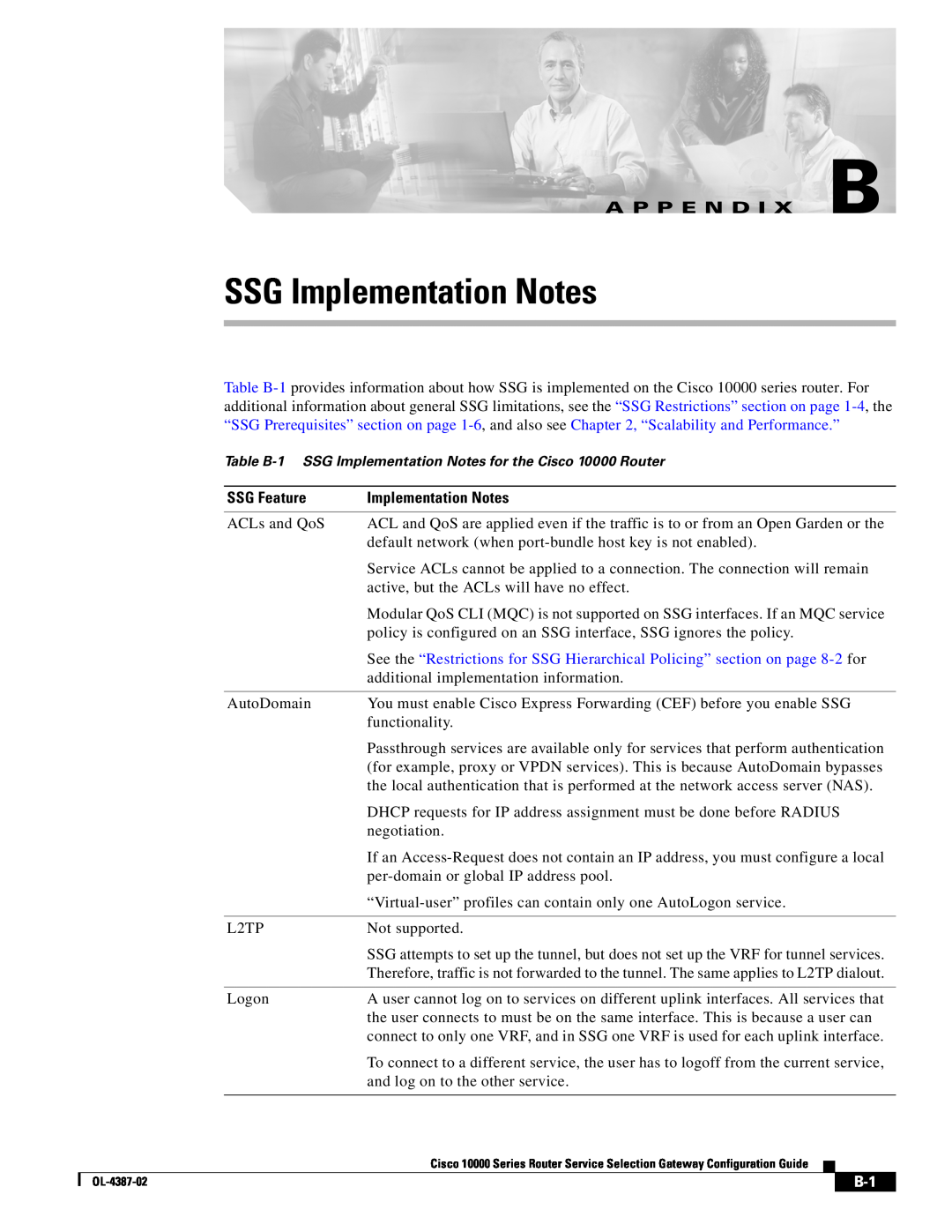 Cisco Systems OL-4387-02 manual SSG Implementation Notes, A P P E N D I X B, SSG Feature 