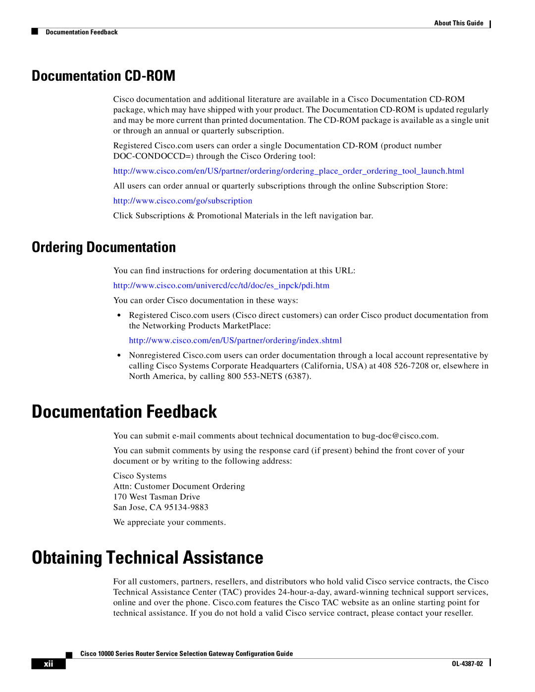 Cisco Systems OL-4387-02 manual Documentation Feedback, Obtaining Technical Assistance, Documentation CD-ROM, Xii 