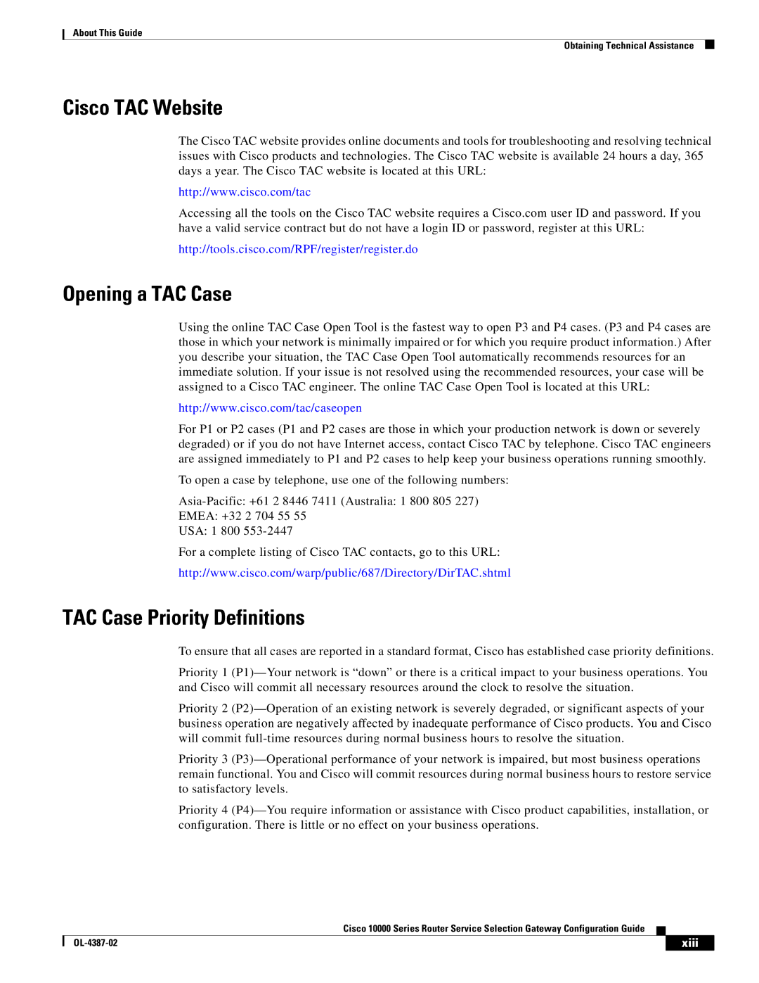 Cisco Systems OL-4387-02 manual Cisco TAC Website, Opening a TAC Case, TAC Case Priority Definitions, Xiii 