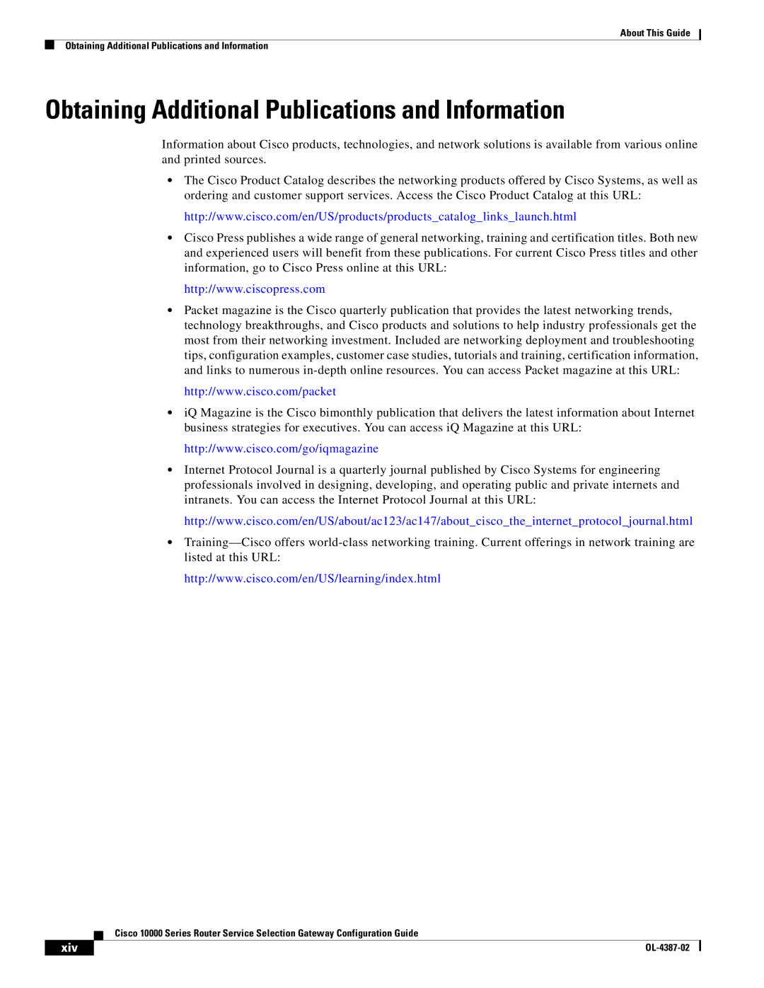 Cisco Systems OL-4387-02 manual Obtaining Additional Publications and Information, Xiv 