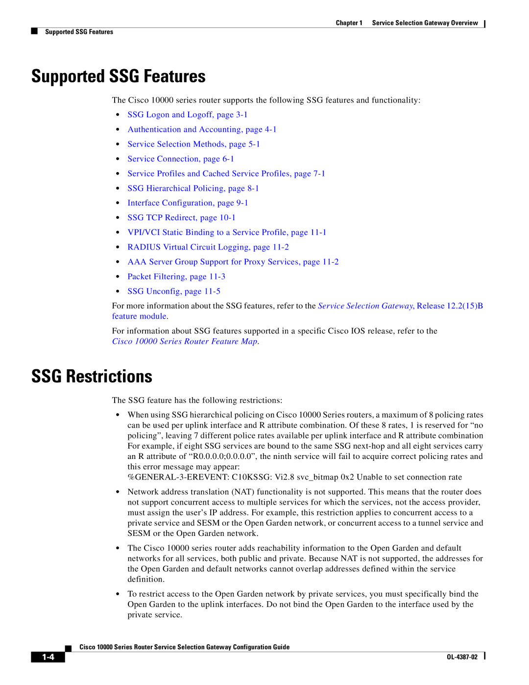 Cisco Systems OL-4387-02 manual Supported SSG Features, SSG Restrictions 