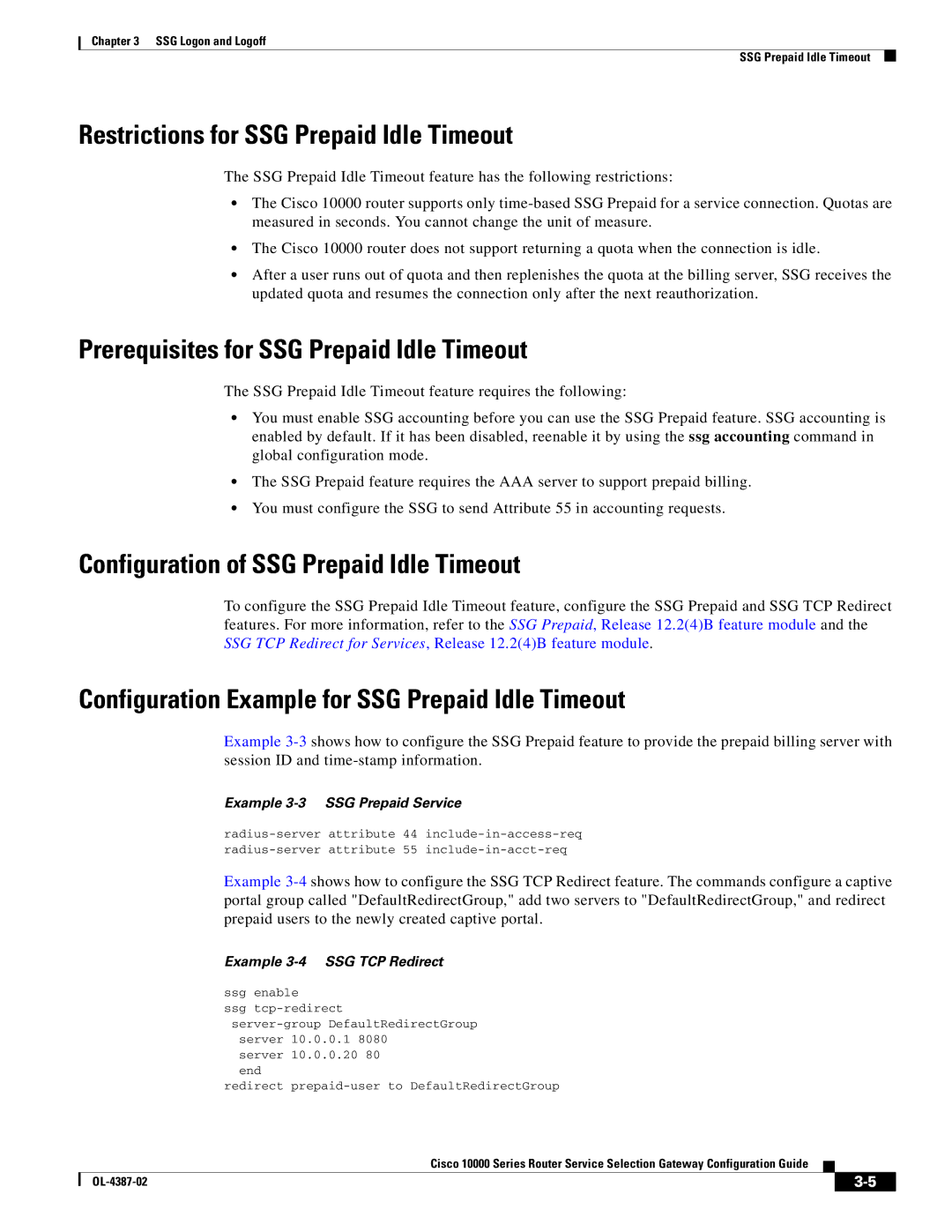 Cisco Systems OL-4387-02 manual Restrictions for SSG Prepaid Idle Timeout, Prerequisites for SSG Prepaid Idle Timeout 