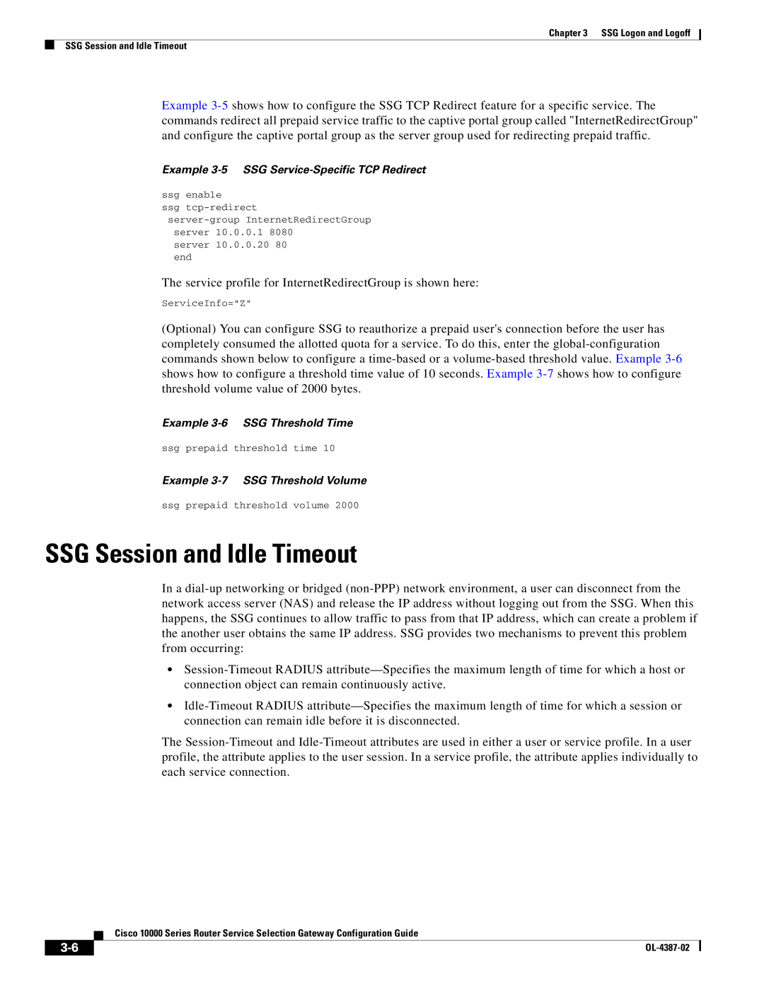 Cisco Systems OL-4387-02 manual SSG Session and Idle Timeout, Example 3-5 SSG Service-Specific TCP Redirect 