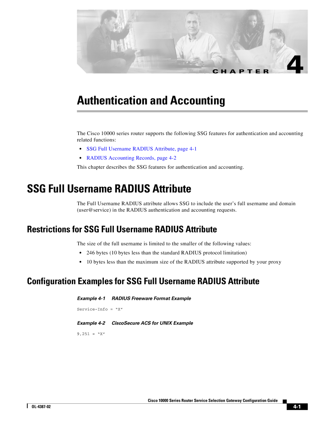 Cisco Systems OL-4387-02 manual Authentication and Accounting, SSG Full Username Radius Attribute 