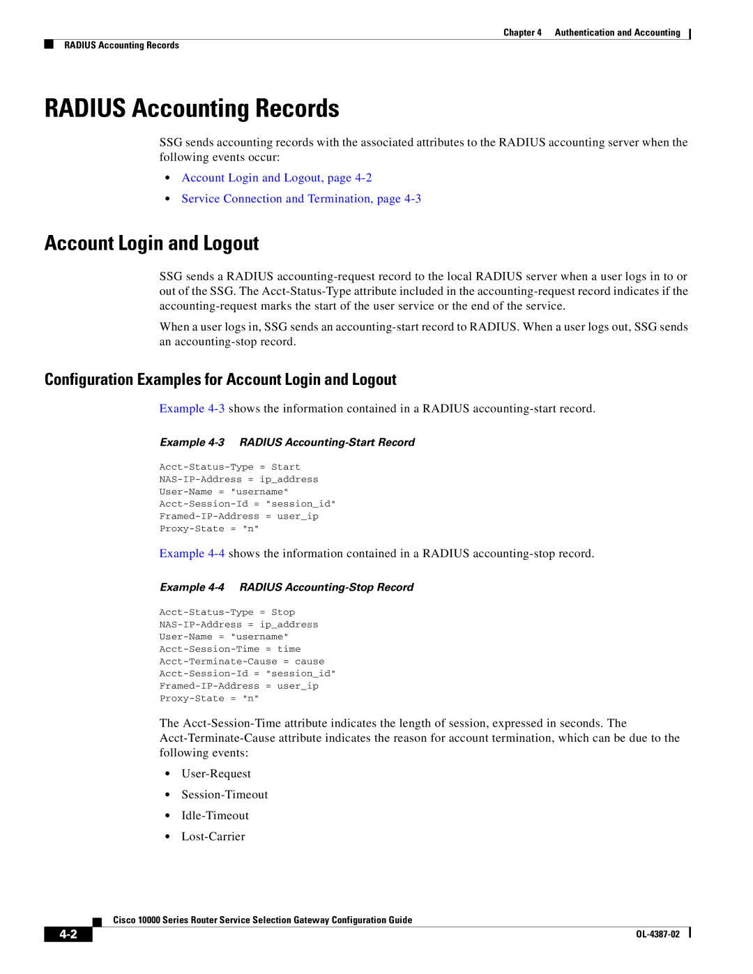 Cisco Systems OL-4387-02 Radius Accounting Records, Account Login and Logout, Example 4-3 Radius Accounting-Start Record 