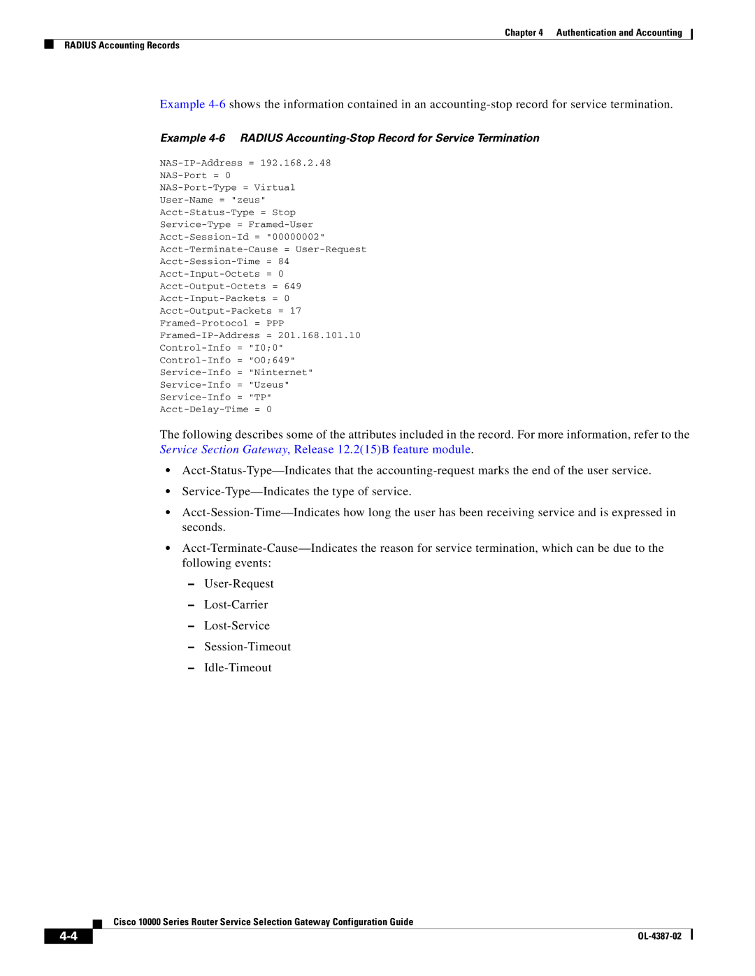 Cisco Systems OL-4387-02 manual Authentication and Accounting Radius Accounting Records 