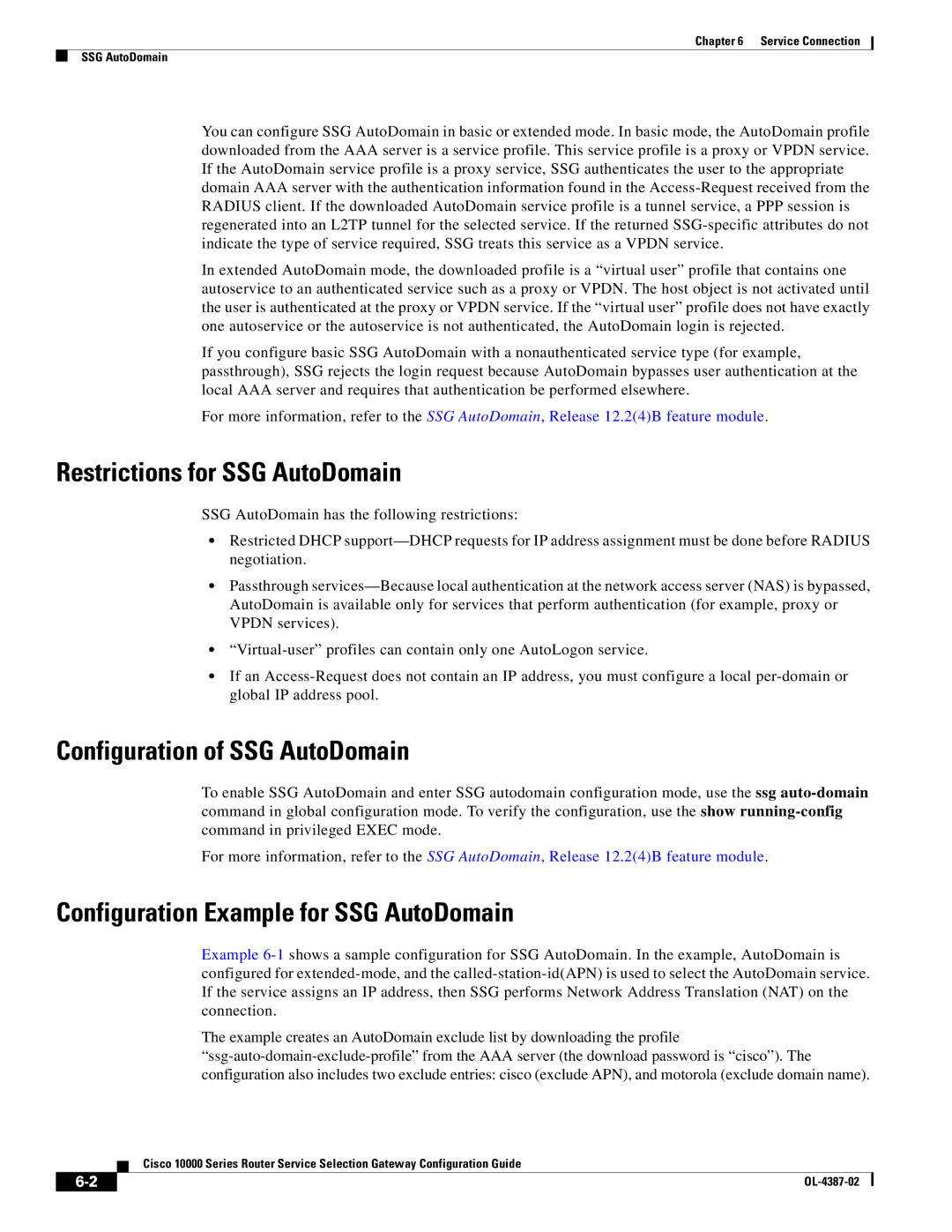 Cisco Systems OL-4387-02 manual Restrictions for SSG AutoDomain, Configuration of SSG AutoDomain 