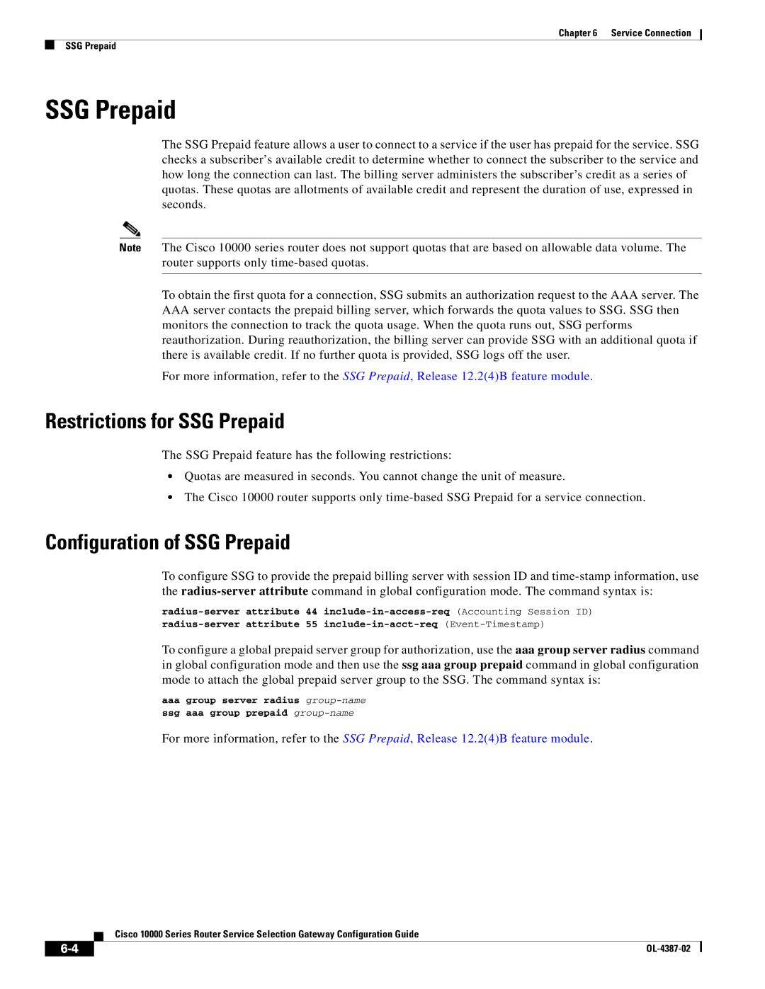 Cisco Systems OL-4387-02 manual Restrictions for SSG Prepaid, Configuration of SSG Prepaid 