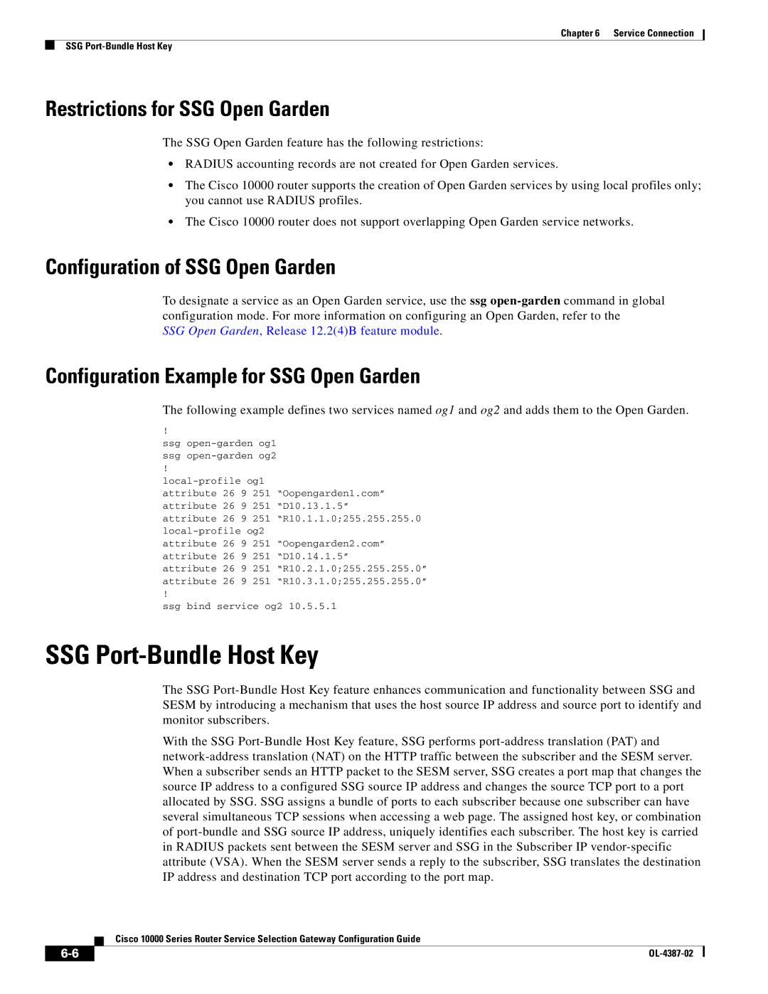 Cisco Systems OL-4387-02 SSG Port-Bundle Host Key, Restrictions for SSG Open Garden, Configuration of SSG Open Garden 