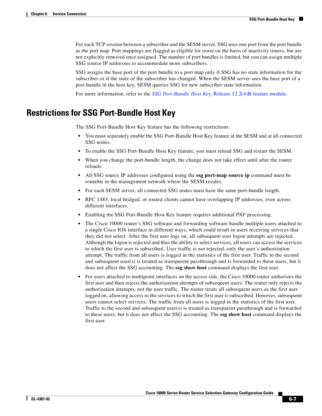 Cisco Systems OL-4387-02 manual Restrictions for SSG Port-Bundle Host Key 