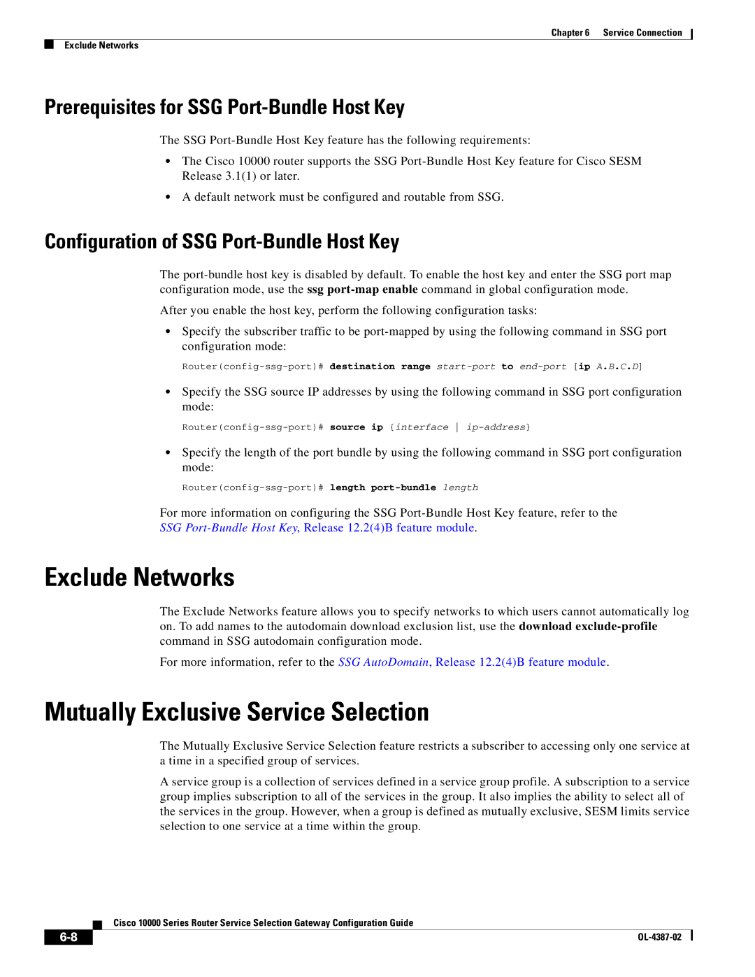 Cisco Systems OL-4387-02 Exclude Networks, Mutually Exclusive Service Selection, Configuration of SSG Port-Bundle Host Key 