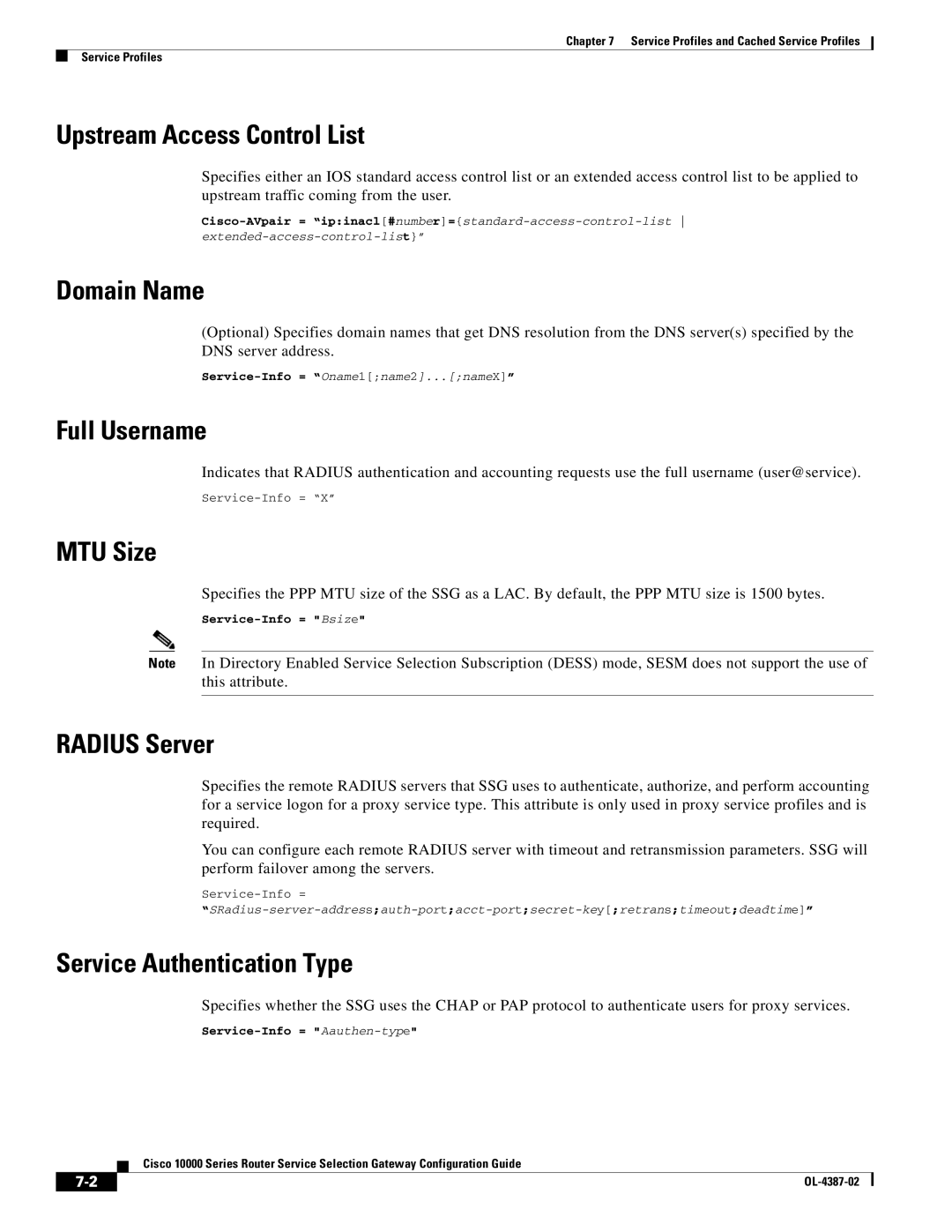 Cisco Systems OL-4387-02 manual Upstream Access Control List, Domain Name, Full Username, MTU Size, Radius Server 