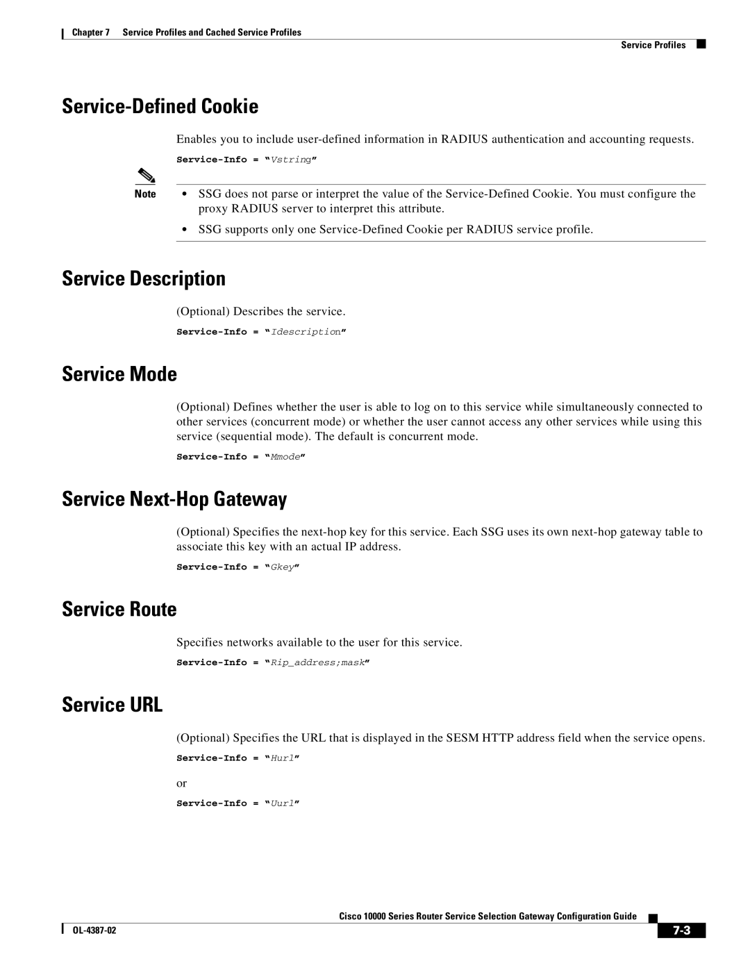 Cisco Systems OL-4387-02 Service-Defined Cookie, Service Description, Service Mode, Service Next-Hop Gateway, Service URL 