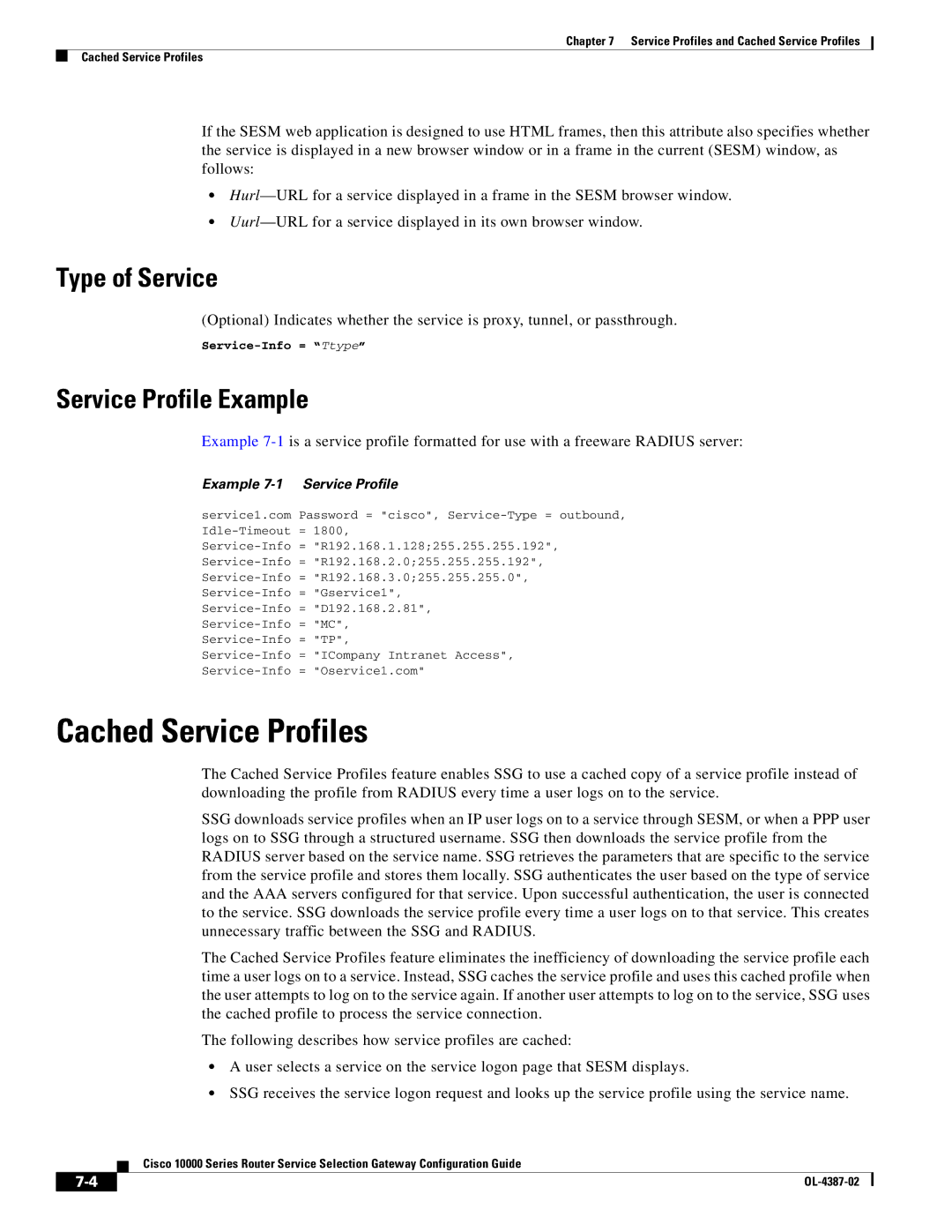 Cisco Systems OL-4387-02 Cached Service Profiles, Type of Service, Service Profile Example, Example 7-1 Service Profile 