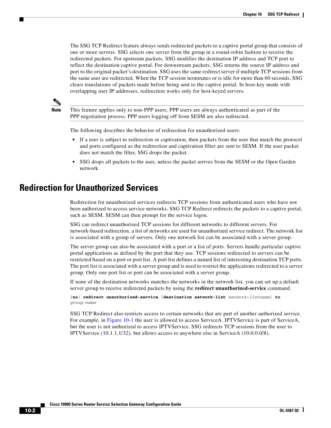 Cisco Systems OL-4387-02 manual Redirection for Unauthorized Services, 10-2 