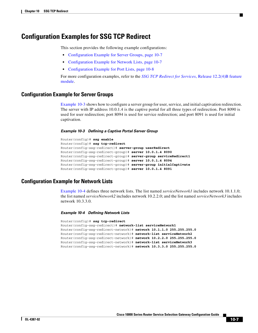 Cisco Systems OL-4387-02 manual Configuration Examples for SSG TCP Redirect, 10-7, Example 10-4 Defining Network Lists 