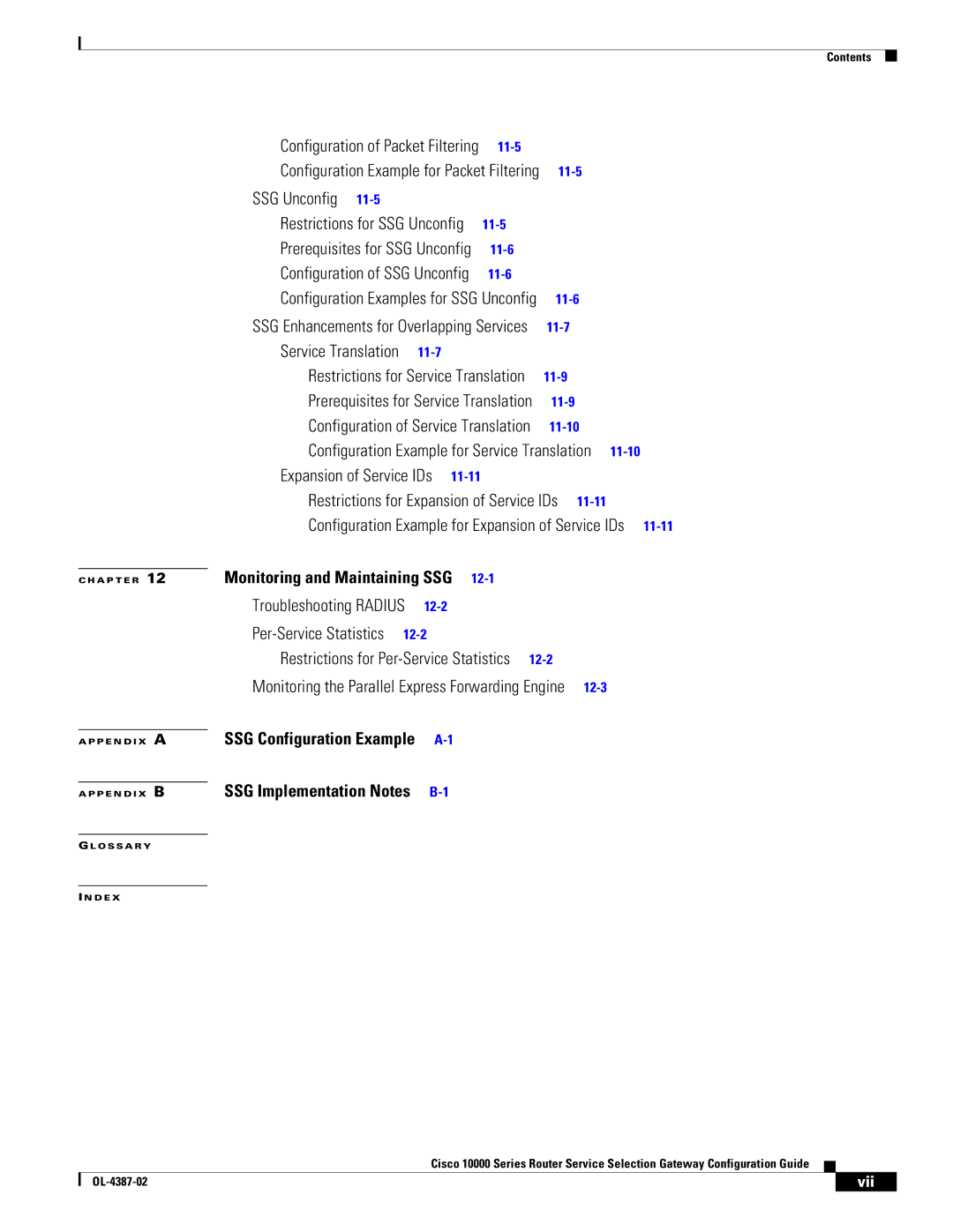 Cisco Systems OL-4387-02 manual SSG Unconfig, Vii 